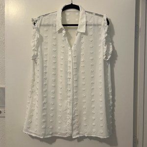 White sheer button down sleeveless work shirt blouse polka dot